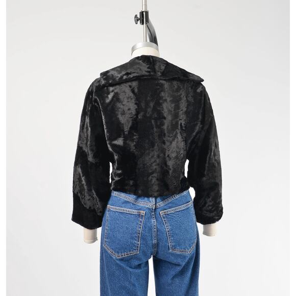 Vintage 50s 60s Black Faux Fur Dolman Sleeve Deep V Neck Cropped Jacket S M - Picture 4 of 7
